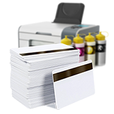 OrsonLew.com image of a stack of blank white PVC cards with a magnetic stripe, suitable for printing in an inkjet printer